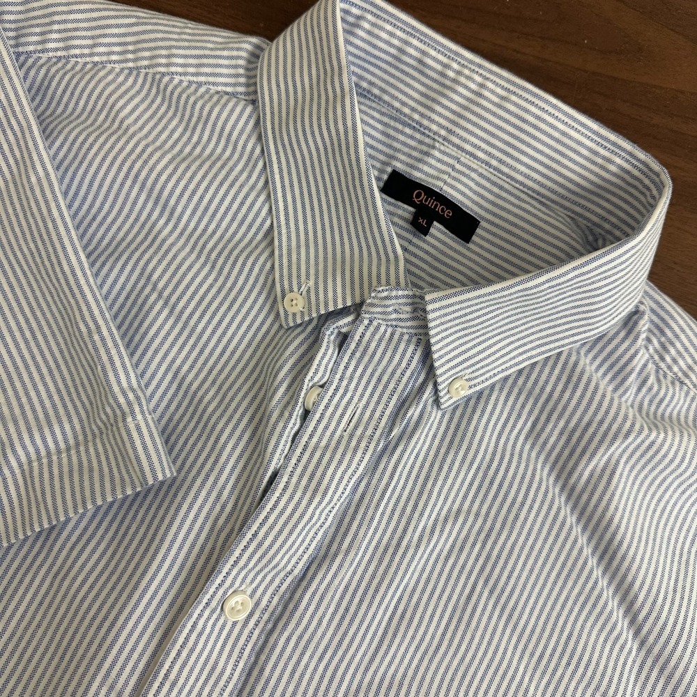 Quince Shirt Blue Striped OCBD Cotton Short Sleeve Oxford Button Down Mens XL